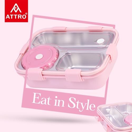 Image of ATTRO Lunch Pro Deluxe 3 Lunch Box with Detachable Inner Steel Compartments, Spoon, one Small Container, Heating Water Insulation Design, Foodgrade, Leakproof-750ml Pink