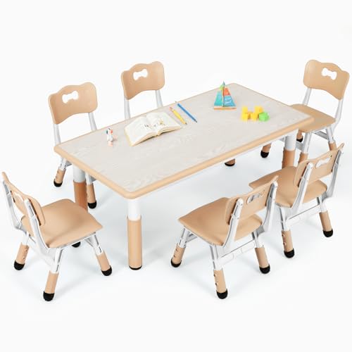 Arlopu Kids Table and 6 Chairs Set, Height Adjustable Graffiti Desk, Preschool Activity Art Craft Table, for Daycare Classroom Home Boys and Girls Age 3-12 (Beige)
