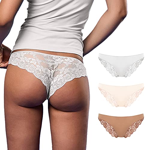 FOCENZA Brasileña mujer de encaje y microfibra, ropa interior sin costuras, multipack de 3 piezas en varios colores, Made in Italy, Blanco-desnudo-polvo, Large-X-Large