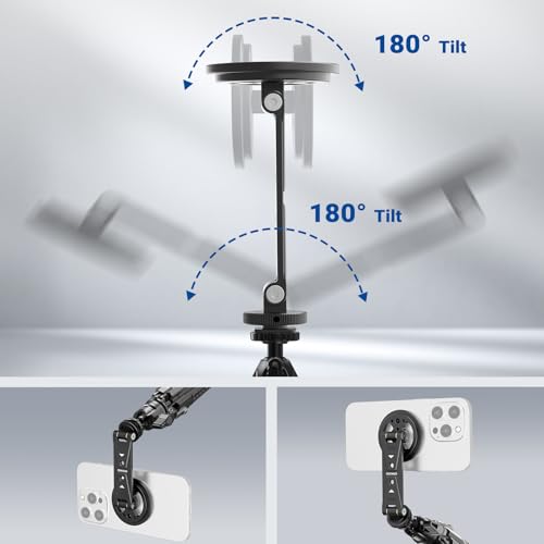 Image of NEEWER Magnetic Phone Tripod Mount Compatible with MagSafe iPhone Samsung, Metal Adjustable Rotatable Cellphone Holder Adapter w /Cold Shoe for Tripod Mounting Camera Monitoring Video Recording, DS031