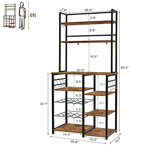 Iwell Kitchen 6-Tier Baker's Rack, Microwave Stand, Coffee Bar Cabinet With Wine Rack, Utility Storage Shelf For Living Room, Dining Room, Vintage Brown #TOP1