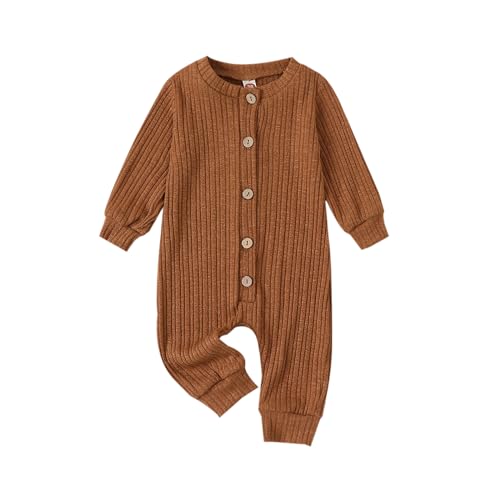 Image of MERSARIPHY Newborn Baby Girl Boy Knitted Rib Romper Unisex Gender Neutral Infant Button Jumpsuit Long Sleeve Bodysuit Clothes
