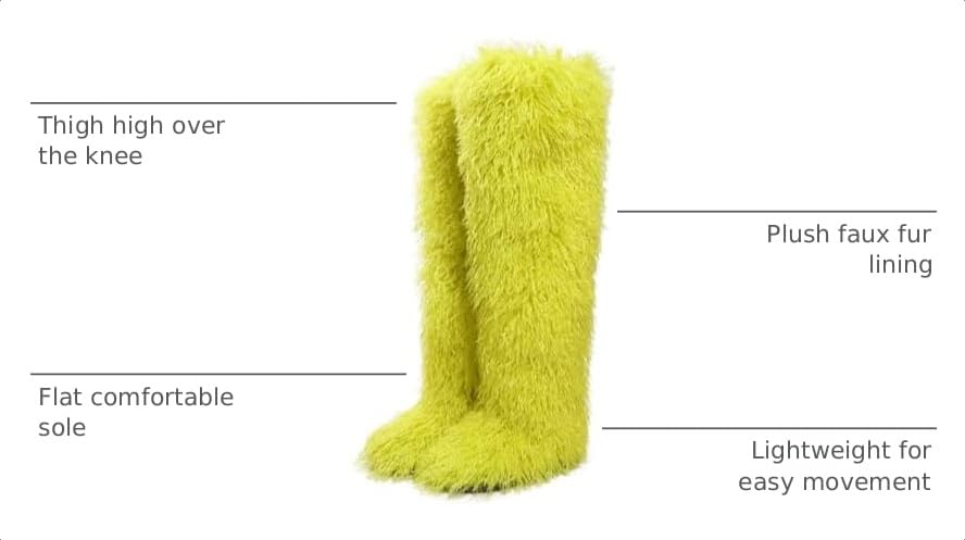 Image of Black Thigh High Fur Boots, Over the Knee Fluffy High Boots, Tall Furry shoes for Women