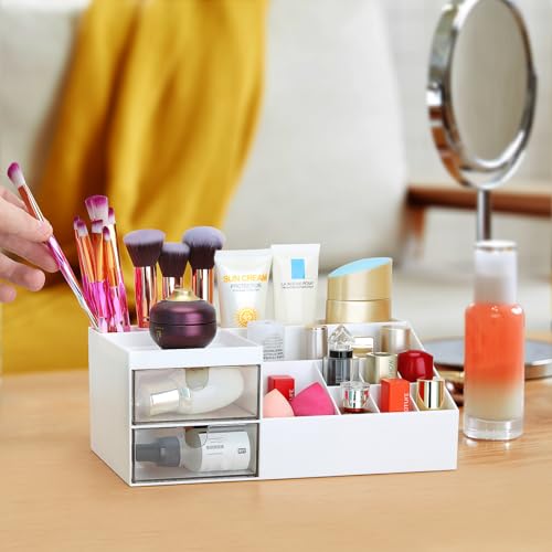 Image of LETURE Desk Organizer, Cosmetic Makeup Vanity Organizer Box, Bathroom Counter Makeup Storage for Eyeshadows, Skin Care, Concealers, Powders, Nail Polish (White)