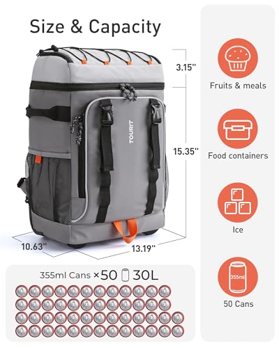 TOURIT 50-Can Rolling Backpack, Double Deck & Dual-Bar Handle Travel Soft Cooler Bag with Wheels, 30L Space Beach Cooler Size 18"(15"+3")×13"×11" - Image 3