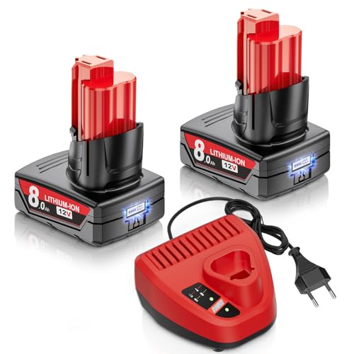 2 X 8000mAh für Milwaukee Akku 12V Ersatzakku für Milwaukee M12 mit Ladegerät Kompatibel mit M12 XC Werkzeuge 48-11-2401 48-11-2402 48-11-2411 48-11-2420 48-11-2460 (mit LCD-Display)