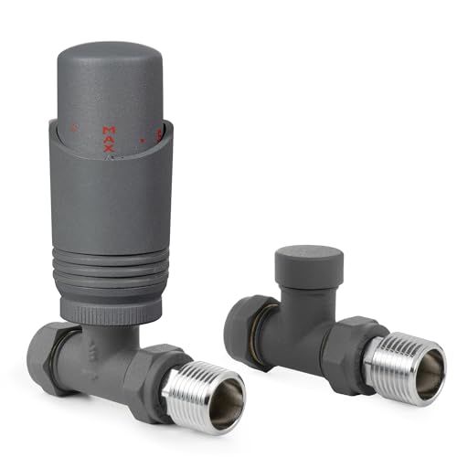 VANCOCO Anthracite Grey Thermostatic Radiator Valve 1/2"×15mm Straight with Lockshield, Thermostat TRV Set, H62 Brass, Energy Saving