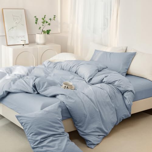JIYUAN 100% Washed Cotton Duvet Cover Set 2 Pieces Twin, 1 Duvet Cover 68x90 Inches(Comforter Not Included) and 1 Pillowcases,Linen Feel Bedding Set Comfy and Breathable, Heathered Light Blue
