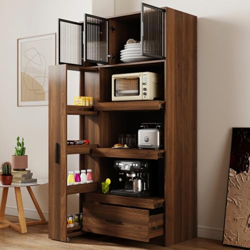 Image of Farmhouse Kitchen Pantry Cabinet, 70.87 inch Tall Freestanding Cupboard with Multi-Tier Storage Rack and Microwave Stand for Kitchen, Dining Room, Dark Walnut