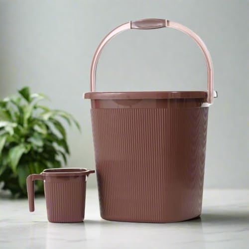 Image of Strong Plastic Bucket Mug Bathroom Set of 2 for Kitchen & Bathroom (25L Bucket,1.5L Mug) (Dark Brown)