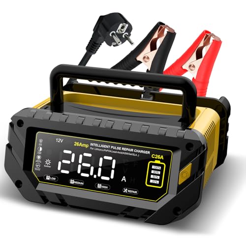 26A 6V/12V/24V Autobatterieladegerät-Haistio Intelligentes Ladegerät mit LCD-Display, Batteriepfleger, Erhaltungsladung&Entsulfatierung für AGM,Lithium,LiFePO4,Blei-Säure(Motorrad, Wohnmobil, Caravan)