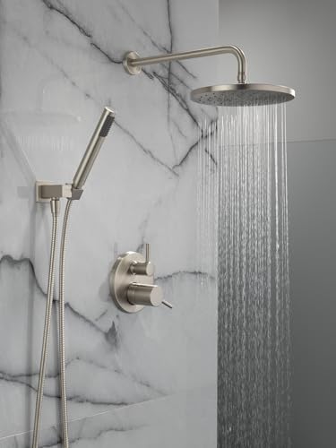 Image of Delta Modern 14 Series Round Rain Shower System Faucet Set, Rainfall Brushed Nickel Shower Head and Handle Set, Valve Trim Kit, 10 Inch, Spotshield Stainless T342702-SP (Valve Not Included)