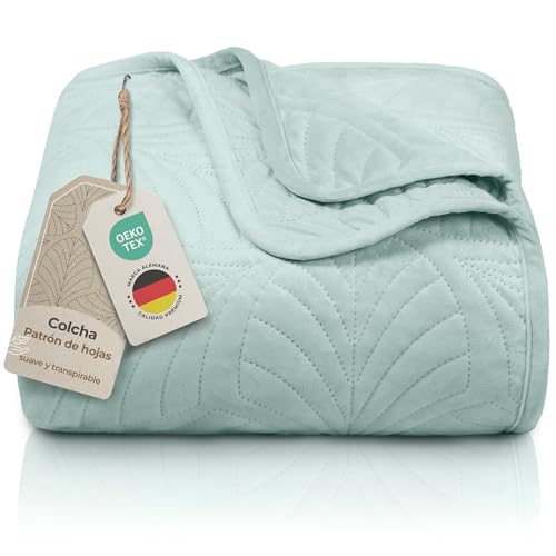 Gräfenstayn Colcha bouti 170x210 cm – cubrecama Acolchado sin Costuras con diseño de Hojas – Manta Decorativa Moderna para Cama o sofá – antirrugas y fácil de cuidar (Verde Menta)