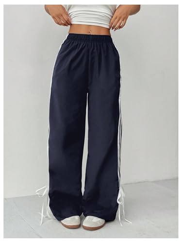 WDIRARA Women's Petite Side Striped Bowknot Track Pants Elastic Waist Wide Leg Baggy Sweatpants Streetwear2