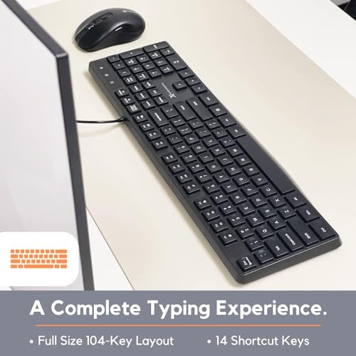 X9 Performance Wired Keyboard - Ultra Slim Full Size Ergonomic Computer Keyboard - Basic USB Keyboard for PC Desktop, Laptop with 5ft Corded Wire, 104 Quiet Keys, 14 Shortcuts, and Kickstand