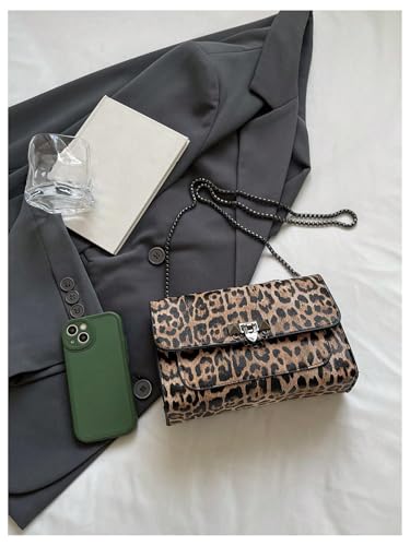 Image of RoseSeek Women's Leopard Print Chain Shoulder Bag Metal Buckle Handbags Leather Clutch Purse
