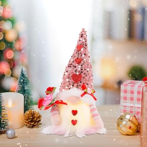 JOYWU Lighted Valentine's Day Gnome Decorations,11 in Mr and Mrs Plush Valentine Gnomes Gift with LED Light,Heart and Love Signs,Valentines Day Gonk Decor for Tiered Tray,Table and Fireplace (Pink) Cover