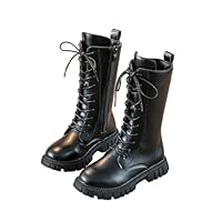 NSICBMNO Girls Lace Up Boots Knee Length Mid Calf Combat Boots Lace Up Boot Side Zip Fleece Lined Booties Horse Riding Kids Chunky Boot Goth Girls Horse Riding Chelsea For Casual Walking Hiking