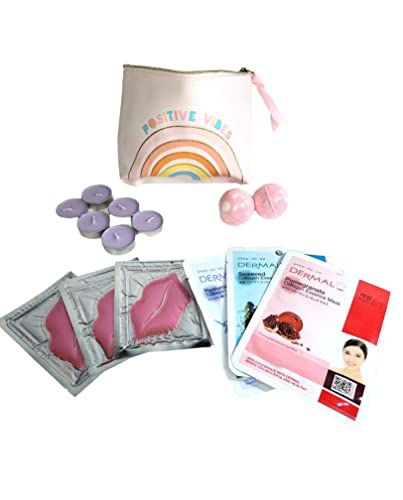 Home Spa Gift Set for Girls, Dermal Full Face Facial Mask, Relaxing at Home Spa Kit, Collagen Crystal Lip Mask for Moisturizing, Bedtime, Bath Bombs, Small Positve Vibes Travel Cosmetic Bag