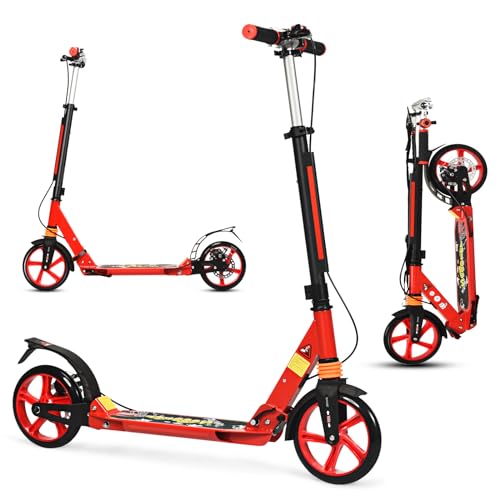 KOMFOTTEU Patinete Plegable de 2 Ruedas con Freno (Rojo)