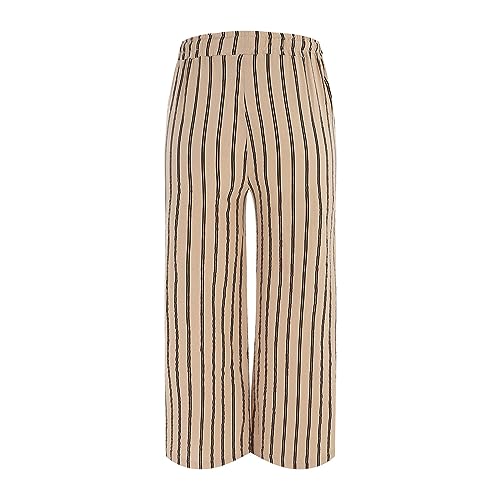 Women Cotton Linen Palazzo Pants Casual Stripe Print Pants Elastic Waist Loose Wide Leg Pants Stretch (Khaki, L)3