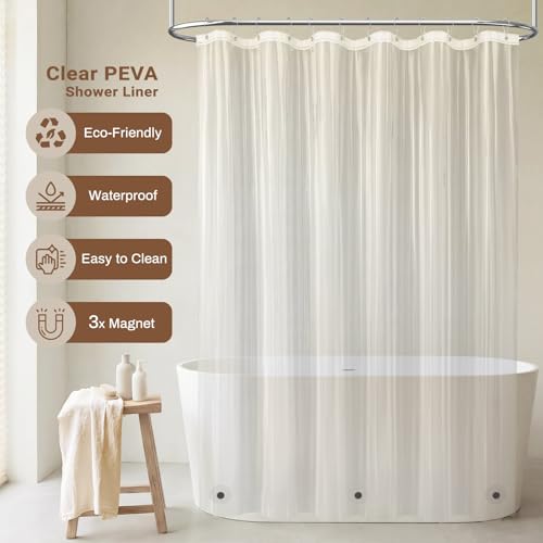 Image of BTTN 3 in 1 Shower Curtain with Liner, 90 Extra Long Boho Linen Cloth Shower Curtain Set with Hook, Tall Farmhouse Bohemian Waterproof Fabric Shower Curtain for Bathroom, Beige /Cream, 72x90