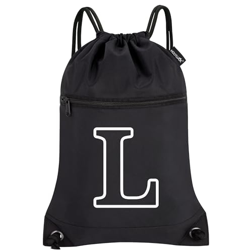 Image of HOLYLUCK Drawstring Bags Initial Backpack Sackpack Cinch Bags for Sports, Gym, Travel, Beach (Black-L)