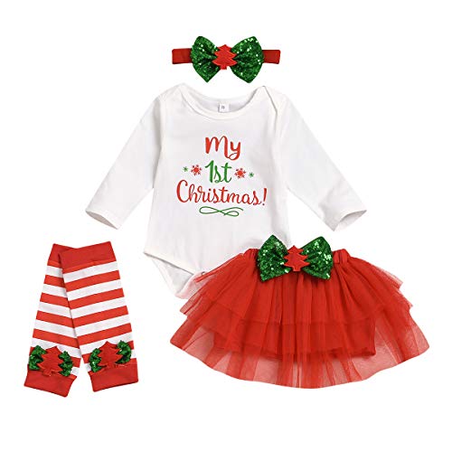 4Pcs Baby Girls Christmas Outfit My 1st Christmas Romper+Tutu Skirt+Leg Warmers+Headband Clothes Set Fall (My 1st Christmas Red, 0-6Months)