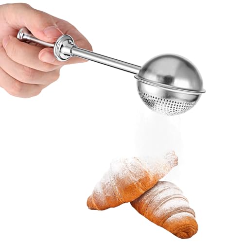 Stainless Steel Flour Duster, One Handed Operation Flour Sifter, Spring Operated Handle Tea Strainer, Dual-Function Design Powder Sugar Shaker Duster for Baking and Making Tea