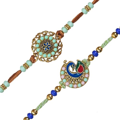 Image of eCraftIndia Beautiful Floral Peacock Designer Rakhi Set of 2 | Rakhi for Brother Bhaiya Bhai with Best Bro Ever Fridge Magnet | Roli Chawal Pack