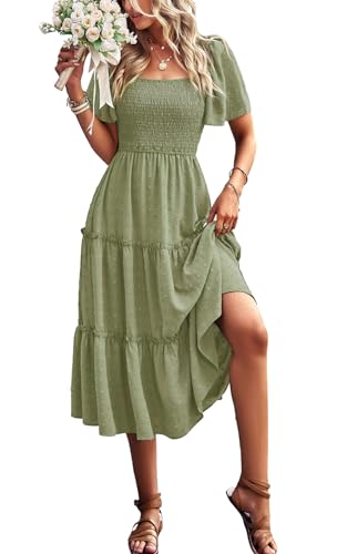 Women's Casual Summer Dress 2025 Square Neck Flutter Sleeve Smocked Tiered Midi Dress Swiss Dot Boho Flowy Dresses4