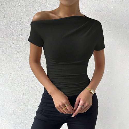 Top de Mujer con un Hombro y Manga Corta, diseño con Volantes, Negro/Beige