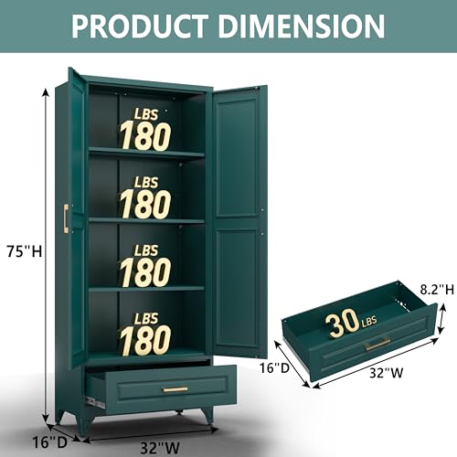 Image of Polup Metal Storage Cabinet,75 inch Tall Kitchen Pantry Storage Cabinet with Doors and Adjustable Shelves, Green Metal Pantry Cabinets with Drawer, Large Cupboard for Kitchen, Dining Living Room