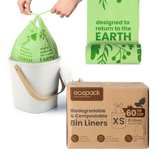 Ecopack Mini 8L Compostable Bin Liners in Dispenser Box (60 Bags) | Strong, Thick, Biodegradable Bin Bags with Tie Tops for Small Food Waste Bins | Australian Bioplastic Certified(AS4736/AS5810)