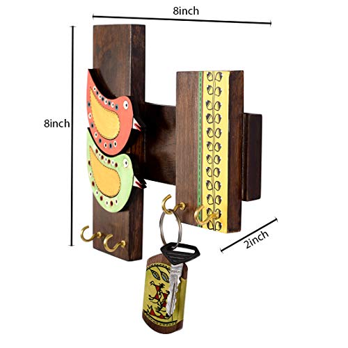 Image of AAKRITI ART CREATIONS Key Holder, Handcrafted Tribal Art Bird Theme Key Hanger | Rustic Wood Wall Organizer with 4 Hooks | New Home Gifts | Multifunctional Entryway Decor Item
