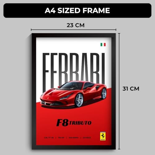 Image of Funk You Store Ferrari Poster | Framed Ferrari F8 Tributo A4 Sized (31 x 23 cm) | Supercar Posters | Car Poster for Wall, Gift for Boys | Car Frames for Wall, Bedroom, Hostel, Study Room (F 012)