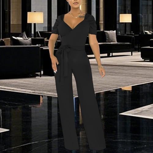 Image of PaladMom Womens Elegant Plus Size Jumpsuits Sexy Back zipper Short Sleeve Mid Waist Wide Leg Straight Rompers