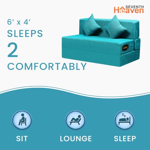 Image of Seventh Heaven Rejioce 2 Seater 4 * 6 Jute Fabric Washable Cover Sofa Cum Bed with 2 Cushions 2 Seater Double Foam Fold Out Sofa Cum Bed (Finish Color - Blue Delivery Condition - Pre-Assembled)
