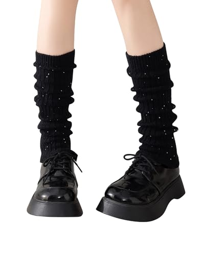 Yawlsow Leg Warmers for Women Girls Y2k Knit Ruffle Leg Warmer Winter 80s with Sequins Japanese Kawaii Harajuku Accessories (Sequins Black One Size)
