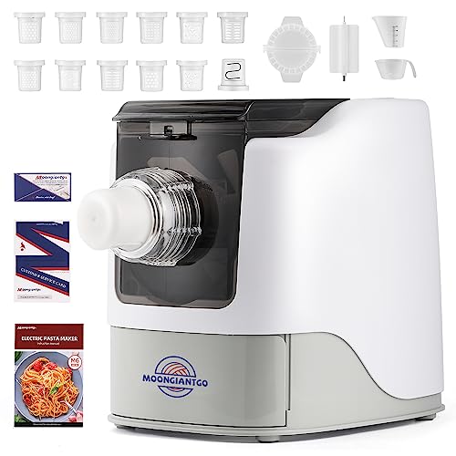 Moongiantgo Máquina de Pasta Automática Pasta Fresca Eléctrica, 3 programas preestablecidos, 12Discos de Forma para Fideos Espaguetis y Fettucine con Caja de Almacenamiento, Hasta 500g de Harina, 260W