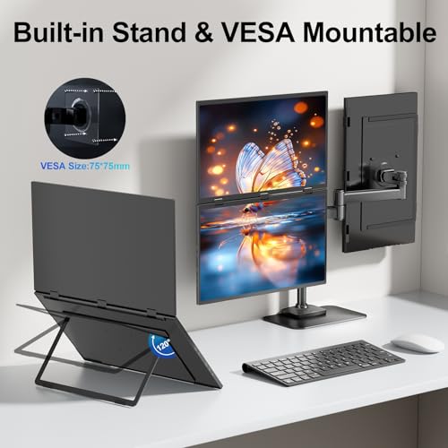 Image of Dual Portable Monitor, 18.5 inch 1080P FHD IPS Folding Stacked Triple Laptop Screen Extender, USB-C Plug & Play Travel Extended Computer Display for Laptop PC Windows Mac w /Stand & VESA Mountable