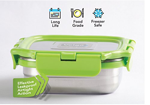 Image of Veigo Set of 3 Medium Stainless Steel Square Lunch Boxes (330ML) | Airtight & Leakproof | Silicon Ring & Polymer Frame with Secure Lid Lock| Green