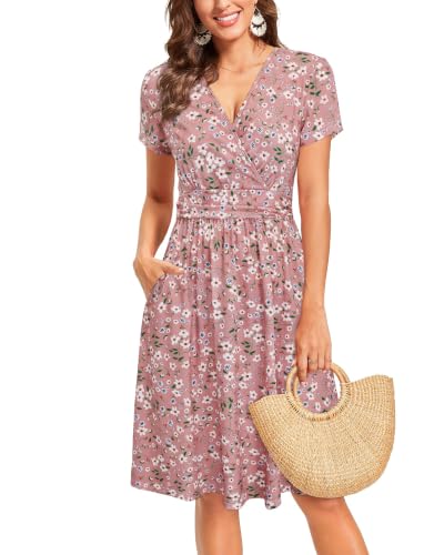 Image of Newshows Women's Pockets Wrap V Neck Floral Summer Vacation Casual Sundress | Wrinkle Free, Stretchy, Summer Beach Floral Sundress 2026, Casual Dress for Vacation, Guaduation, Side Pockets, A-line