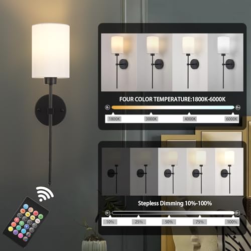 Image of Battery Operated Wall Sconces Set of Two,Wireless Rechargeable Wall Light With Remote Control, Dimmable, 1800K /3000K /4000K /6000K /RGB, Timer, for Living Room, Bedroom, Fireplace, TV, 23.6 Inch Black