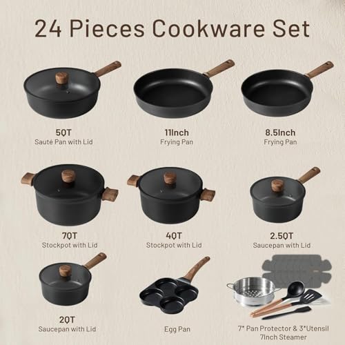 image for CAROTE 24Pcs Nonstick Kitchen Titanium Cookware Sets, Non stick Pots a