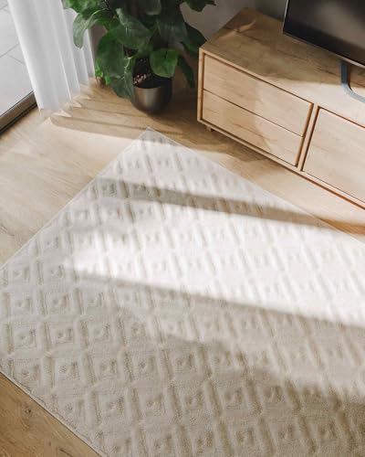 benuta Basic Tapis Salon Leo - Crème 200x290 cm - Boho Relief Abstrait pour Chambre, Couloir, Salle à Manger - Compatible avec Chauffage au Sol
