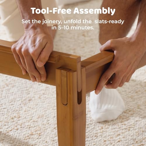 Image of RECCI Japanese Joinery California King Bed Frame, Mid-Century Modern Solid Bamboo Wood Platform Bed with Tall Headboard, Tool-Free Assembly, Heavy Duty Slat Support, 9-Inch Underbed Storage