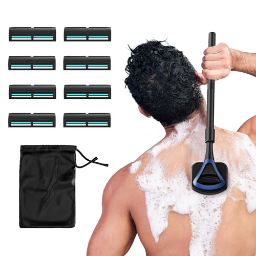 ZOMU Back Shavers for Men:Back Hair Shaver and Body Shavers for Men with Safety Blade Technology & Ergonomic DIY Long Handle Wet or Dry Shaving - Blue (Replaceable 8PCS 3.5inch Blades Included)