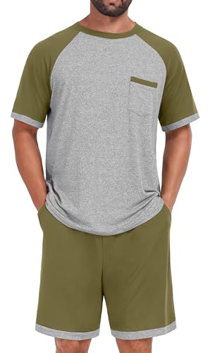 Image of Mens Pajamas Set Lightweight Summer Pjs Sleepwear Soft Comfy Short Sleeve Loungewear With Pocket (S-4X)