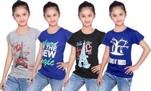 Image of indi weaves Girls Pure Cotton Chest Printed Half Sleeves Round Neck T-Shirts (Pack of 4)